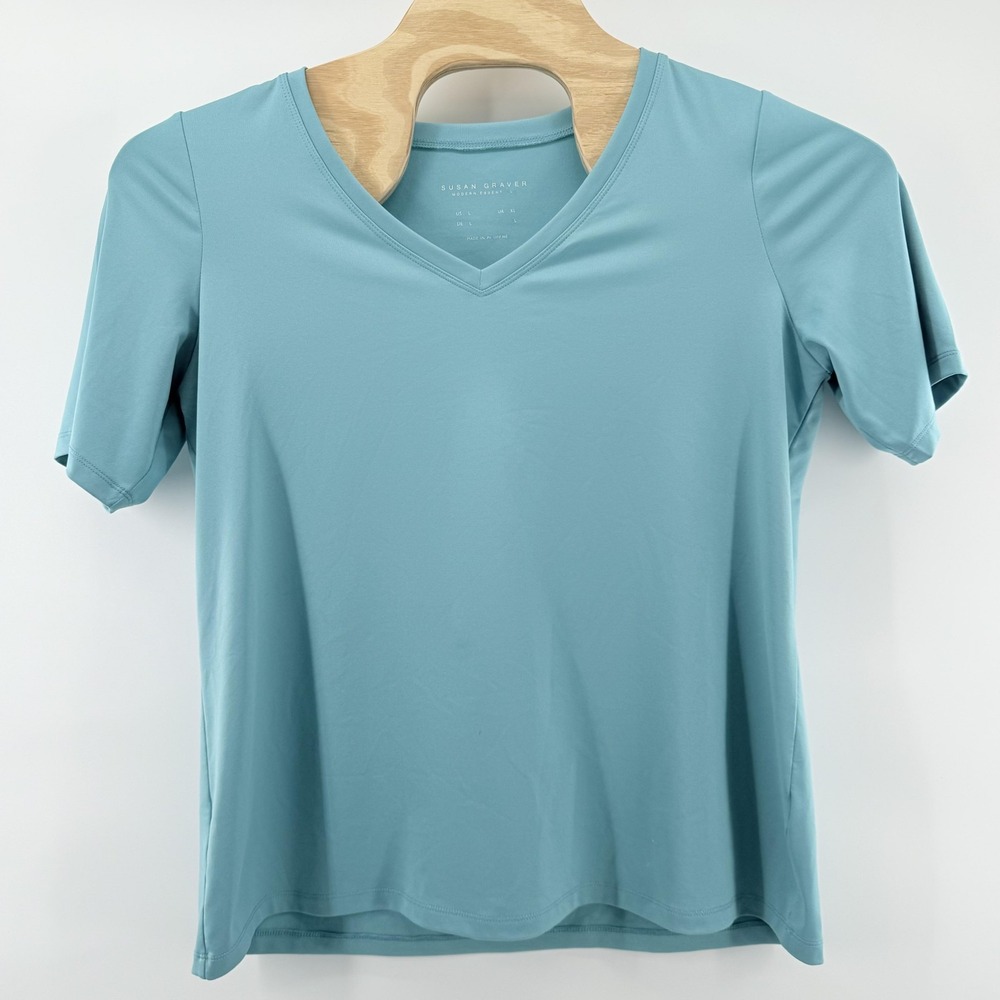 Susan Graver Womens Shirt Large Blue Modern Essentials V Neck SS Coastal Top